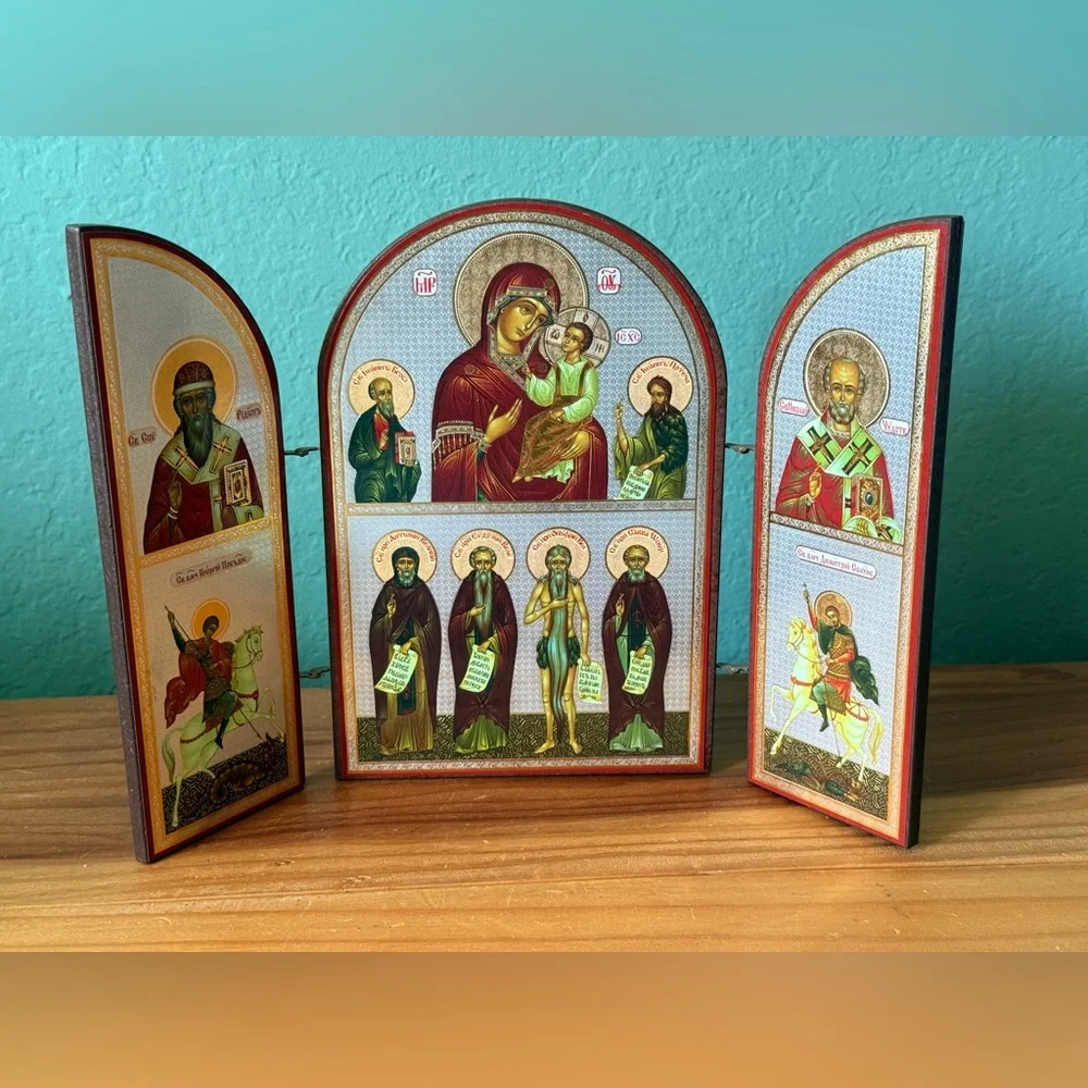 Orthodox Triptych Icon “Joy of All Who Sorrow” Virgin Mary 18.5x26.5 cm Russia - Picture 1 of 7